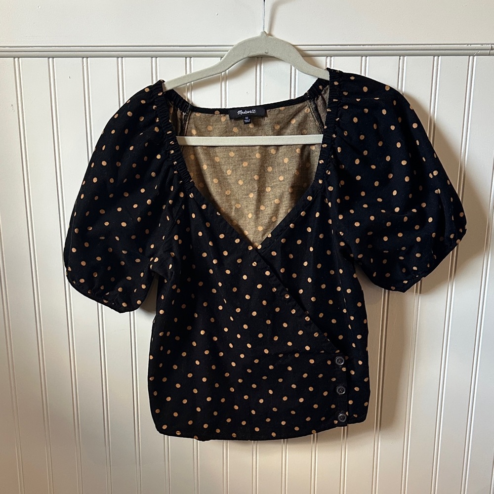 Madewell Black Blouse with Gold Polka Dots